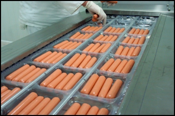 Hot dogs in packaging on polyurethane wheels
